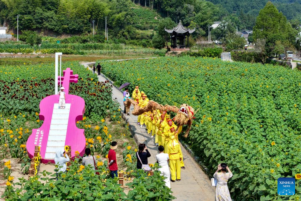 Moradores da aldeia chinesa de Shuyuan celebram próximo Festival do Meio Outono com dança do dragão de palha
