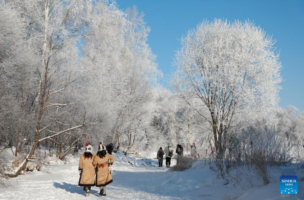 Paisagem deslumbrante atrai visitantes ao ponto turístico temático de sincelo no Distrito de Xunke, na Província de Heilongjiang